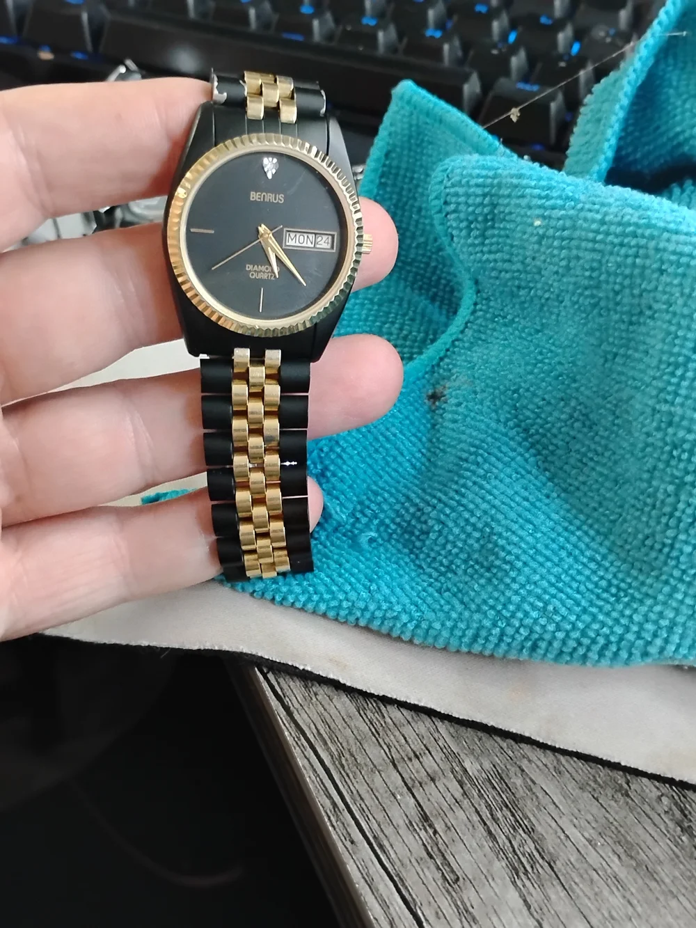 Men's Black and Gold Day-Date Diamond Quartz Watch